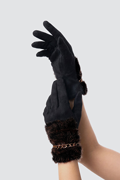 robanu Kadın Siyah-Bronz Leopar Kürklü ve Zincir Detaylı Süet Eldiven