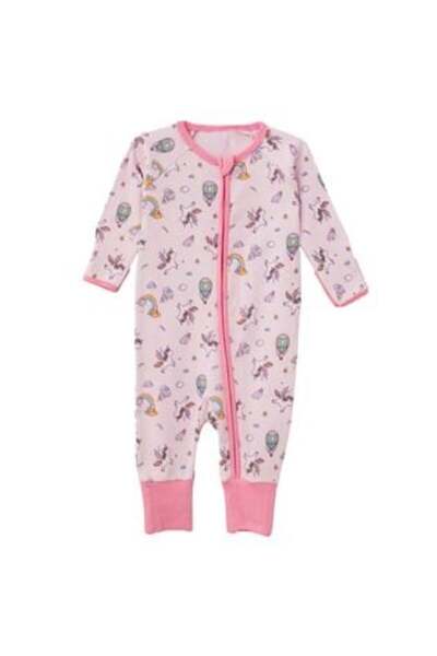 TinySteps Pink Cotton Jumpsuit with Rainbow Unicorn & Zipper for Babies