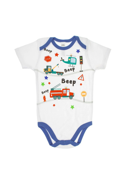 TinySteps White Cotton Short Sleeve Bodysuit with Cars Pattern for Babies