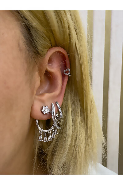 Hicrans Takı TAŞLI KALP HALKA MODEL SİLVER ÇELİK HELİX TRAGUS KÜPESİ