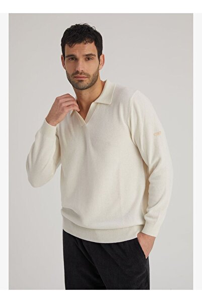 Silk and Cashmere Ekru Saf Kaşmir Düğmesiz Polo Kazak