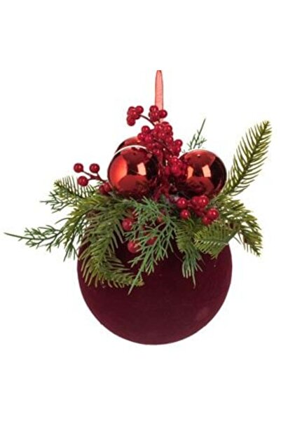 Craciun Velvet Red Christmas Tree Bauble with Branch & Berries Ø15 cm