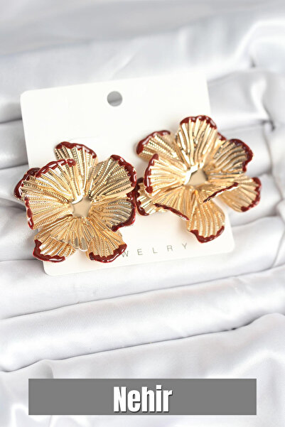 Nehir أقراط نسائية من النحاس بلون ذهبي مع تفاصيل باللون العنابي على شكل زهرة ...