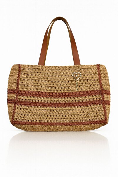 ESCBUTİK Γυναικεία πλεκτή χειροποίητη τσάντα ώμου από ψάθινη παραλία