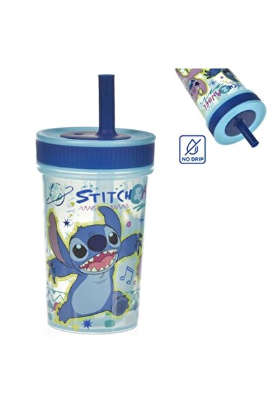 OEM Plastic cup with straw, Stitch design, blue, 420ml, reusable