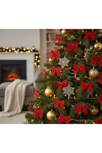 Çınar Aksesuar 15 Pieces Luxury Red Satin Christmas Bow Set |   Tiny Bow 7X5 cm Pine Tree & Gift Package Decoration