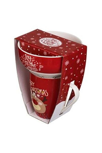 Jumbo Red Ceramic Christmas Mug & Bowl Set with Reindeer Pattern 15cm - 2pcs