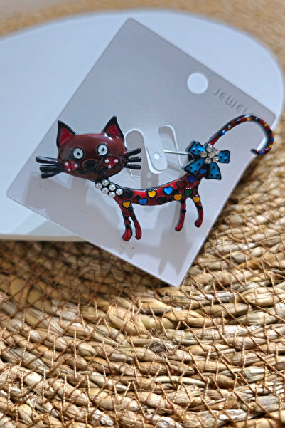 SEVİLLE AKSESUAR MAVİ KURDELE RENKLİ MİNELİ SEVİMLİ KEDİ BROŞ