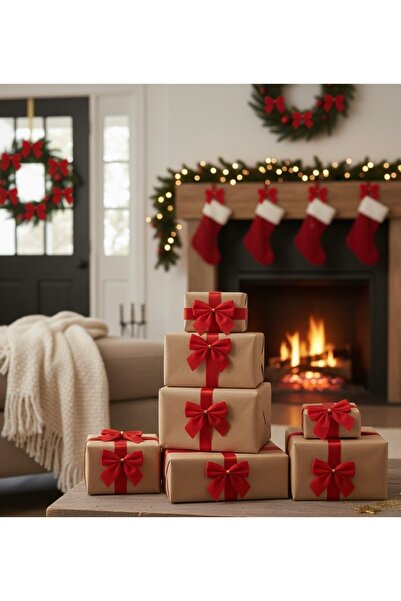 Çınar Aksesuar 15 Pieces Luxury Red Satin Christmas Bow Set |   Tiny Bow 7X5 cm Pine Tree & Gift Package Decoration