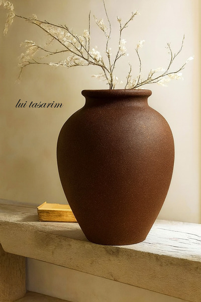 Lui Tasarım مزهرية بنية اللون من الفخار الحجري بتصميم إسكندنافي عصري، وعاء ديكور منزلي مصنوع يدويًا من الطين 38*28 سم