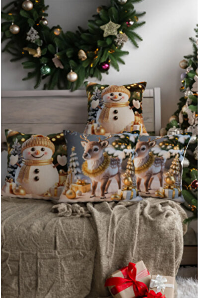 Artvibe Christmas Themed Snowman and Deer Patterned 4-Piece Digital Printed Gift Pillow Cushion Cover