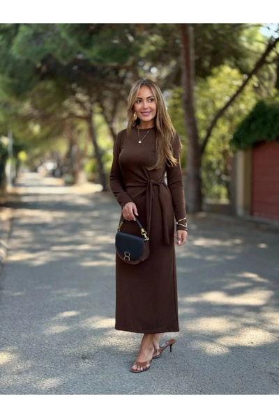 BÜŞRA TEZEL MODA Women's Long Sleeve Crew Neck Side Tie Long Modal Dress