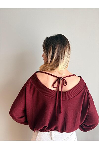 BUSEM Bordo Sırt Detaylı Dekolteli Kazak