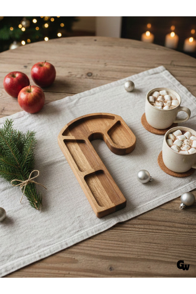 GOLDENWOODEN Christmas Presentation Plate Christmas Candy Cane Natural Wooden Cookie Plate (Beech / Hornbeam)(1 Piece)