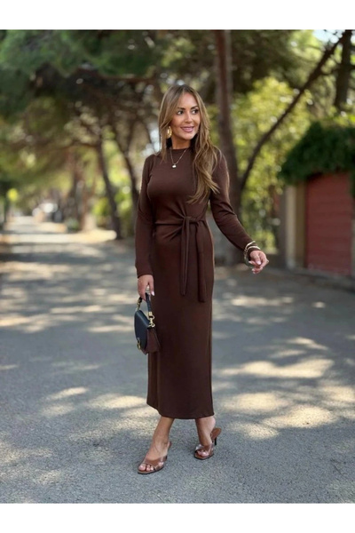 BÜŞRA TEZEL MODA Women's Long Sleeve Crew Neck Side Tie Long Modal Dress