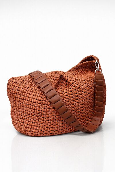 ESCBUTİK Women's Hand Knitted Straw Shoulder Bag Patterned