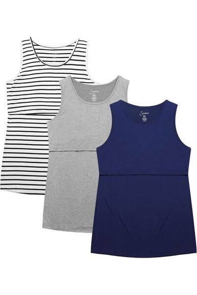 OEM Nursing top, set of 3, elastic, sleeveless, blue/gray/white with stripes, size L