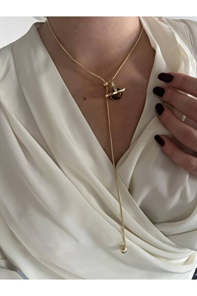 lysiaaccessory Gold İnci ve Kahverengi Taş Detaylı Gezegen Charmlı Y Model De...