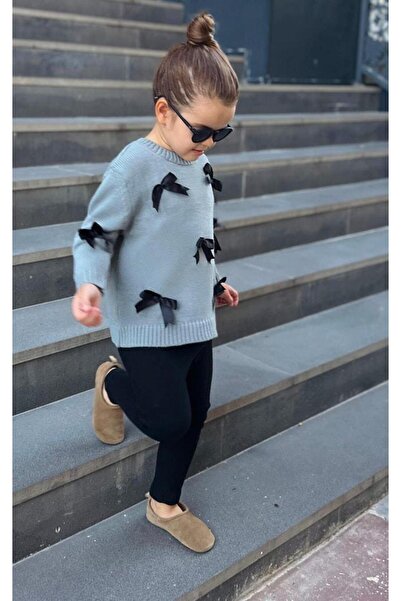 Magu Girl's Cotton Gray Bow Detailed Knitwear Sweater – Black Ribbed Tights Set