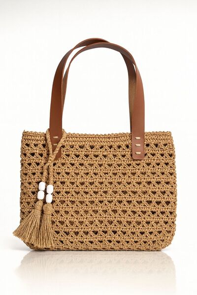 ESCBUTİK Kadın El Yapımı Örgü Kağıt İp Hasır Plaj Çantası