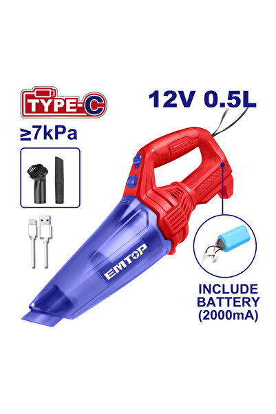 EMTOP Portable Vacuum Cleaner ELVC2026, 12V, 2000mAh Battery