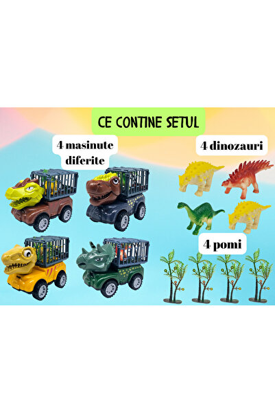 ERGINO Set of 4 Dinosaur cars, Mobile cages, 12 pieces, Accessories, 13cm, Plastic, +3 years, ERGINO®