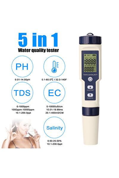 TFIXOL 5-in-1 Multi-parameter Water Quality Tester (pH/EC/TDS/Salinity/Temperature)