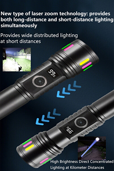 NO BRAND Aluminum flashlight, adjustable zoom, and real-time power display