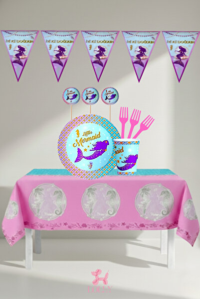 LOLLY PARTY 16 Kişilik Deniz Kızı Temalı Doğum Günü Parti Seti (Tabak,Bardak,...
