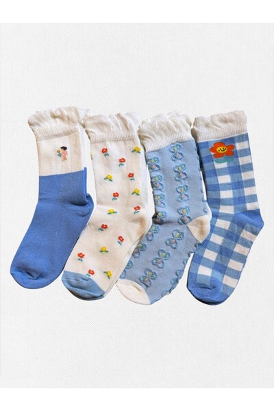 Fil Kids Момичешки зимни чорапи, памучни, комплект от 4 броя, синьо-бели, с ф...
