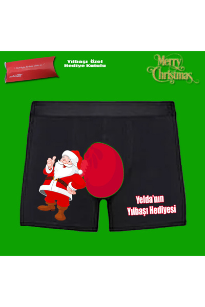 HediyeMania Yılbaşına Özel Espirili Noel Babalı Yeni Yıl Hediyesi İSİM Baskılı Siyah Erkek Boxer