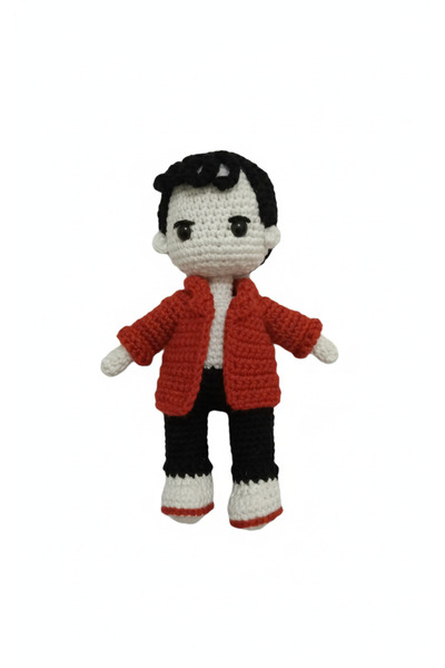 Zmag-N Amigurami Siyah Saçlı - Elbiseli El Örgüsü Elyaf Dolgulu Erkek Bebek