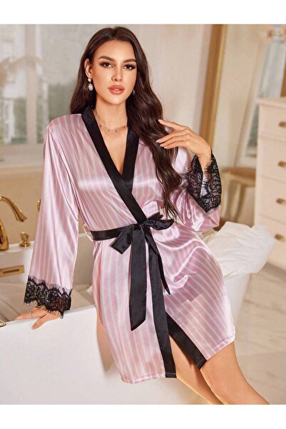 sempathy Halat de damă din satin, cu model în dungi și detalii din dantelă, e...