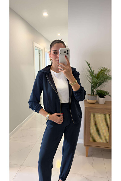 BİRCANÇİL Elara Navy Blue Zippered Hooded Pants Set