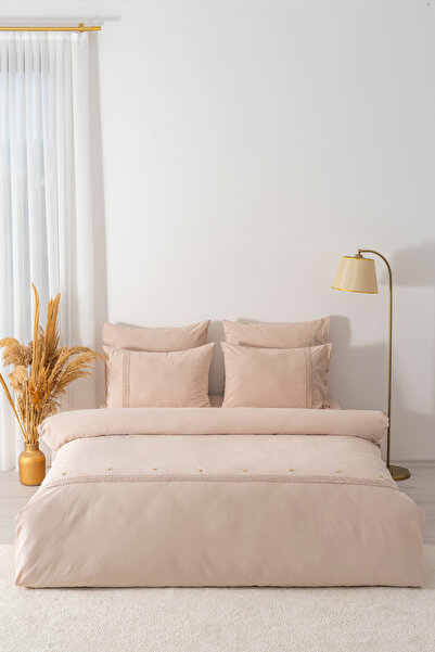 Rivaİstanbul Grace Mink Laced Double Size 100% Cotton Duvet Cover Set - 6 Piece Dowry Set