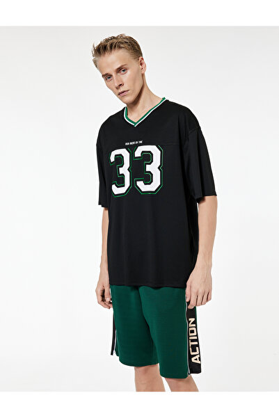 Koton Oversized Half Sleeve V-Neck Printed Sports T-Shirt