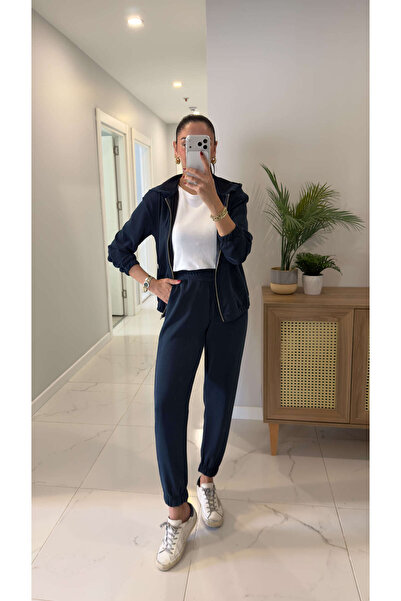 BİRCANÇİL Elara Navy Blue Zippered Hooded Pants Set