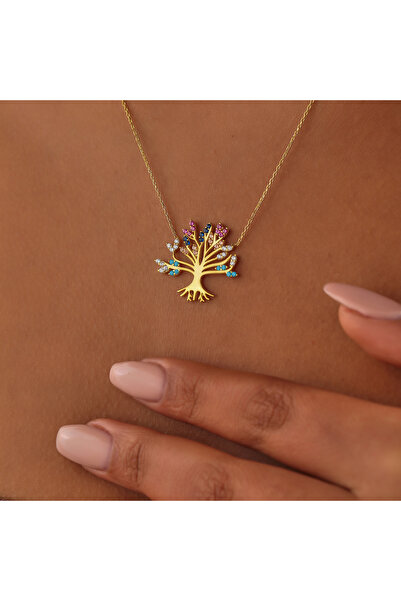 Hediyesepeti Tree of Life Silver Necklace with Colorful Stone Detail