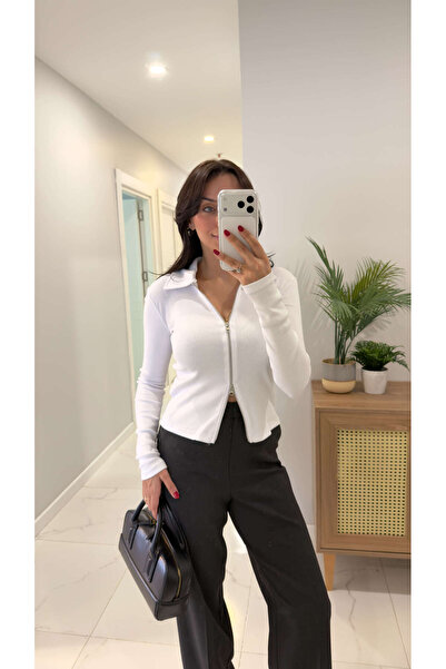 BİRCANÇİL Yongase White Zippered Cardigan