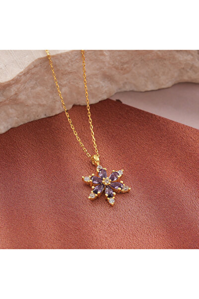 Hediyesepeti Amethyst Stone Lotus Flower Silver Necklace