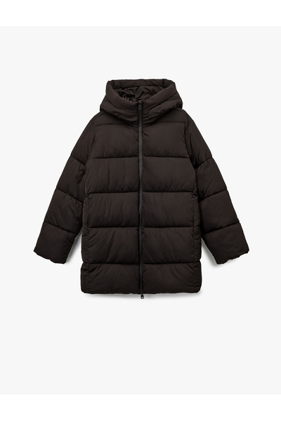 Koton Φουσκωτό παλτό με μακρύ μανίκι με φερμουάρ K με κουκούλα O oversized