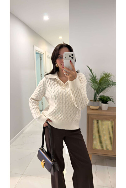 BİRCANÇİL Venus Cream Hair Braided Buttoned Knitwear