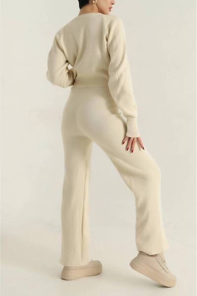 TİENDEROPA Women's Crop Corded Fabric Finger Detailed Knitwear Bottom-Top Set