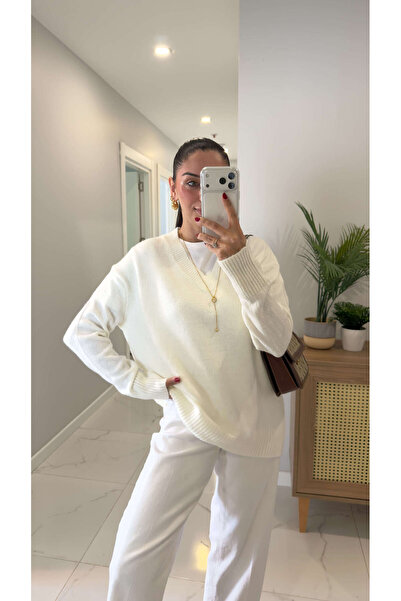 BİRCANÇİL Poritan Ecru V-Neck Knitwear