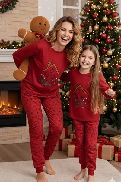 ELİTOL Thermal Christmas House Embroidered Mother-Daughter Pajama Set