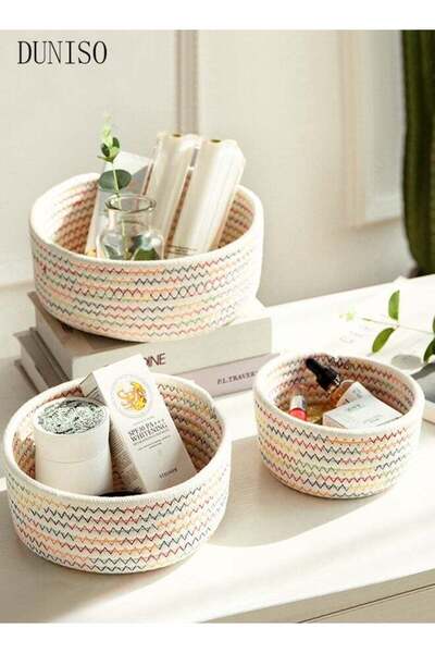 DOMEET 3-Pieces Cotton Storage Basket , Small Woven Basket, Desktop Storage Basket,Cotton Rectangle Woven B
