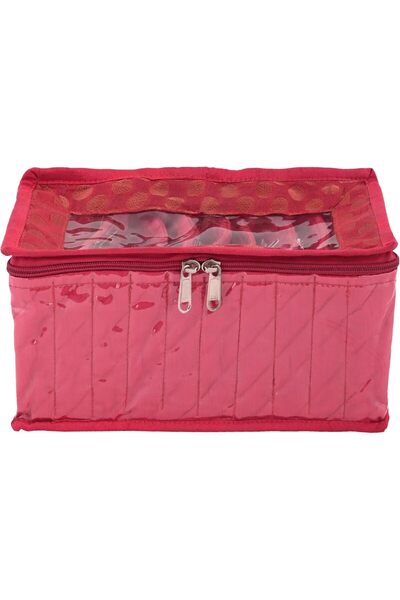 Kuber Industries Pink Fabric 10 Transparent Pouches Jewellery Box, Standard
