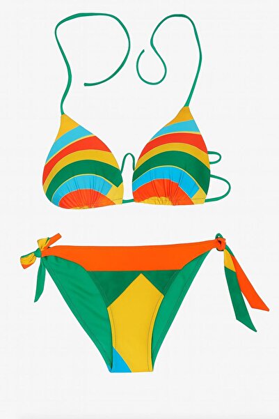 RAPAPA Γυναικείο πολύχρωμο σετ μπικίνι με τρίγωνα κορδόνια – Ριγέ Σχέδιο-0206