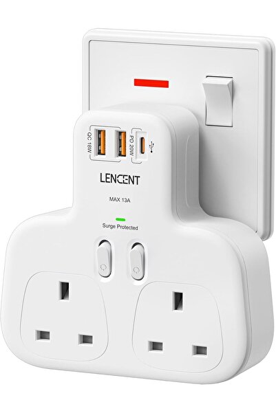 LENCENT Double Plug Adaptor With 3 USB Slots, PD 20W USB-C & 2 USB-A QC 3.0, ...