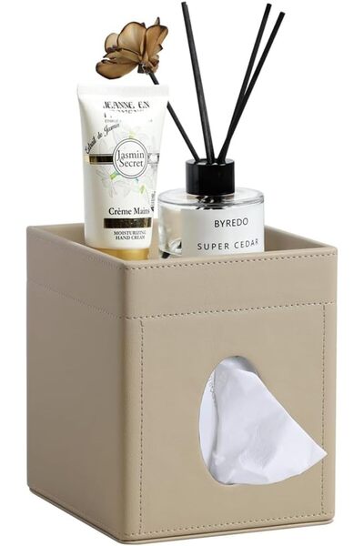 AZONEE PU Leather Square Tissue Box Holder with Storage Tray (Beige)